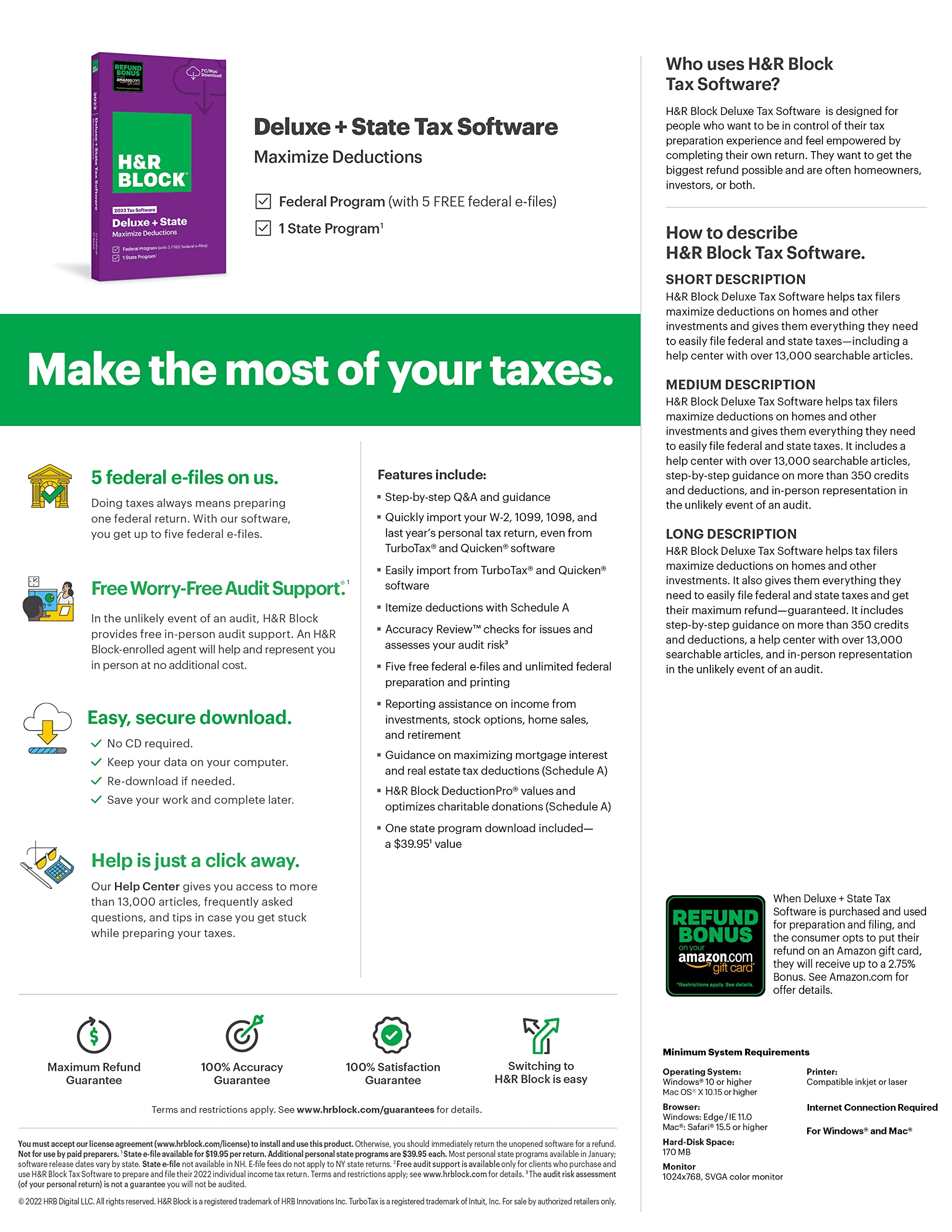 TaxFlux - H&R Block Tax Software Deluxe + State 2022 [PC Download]